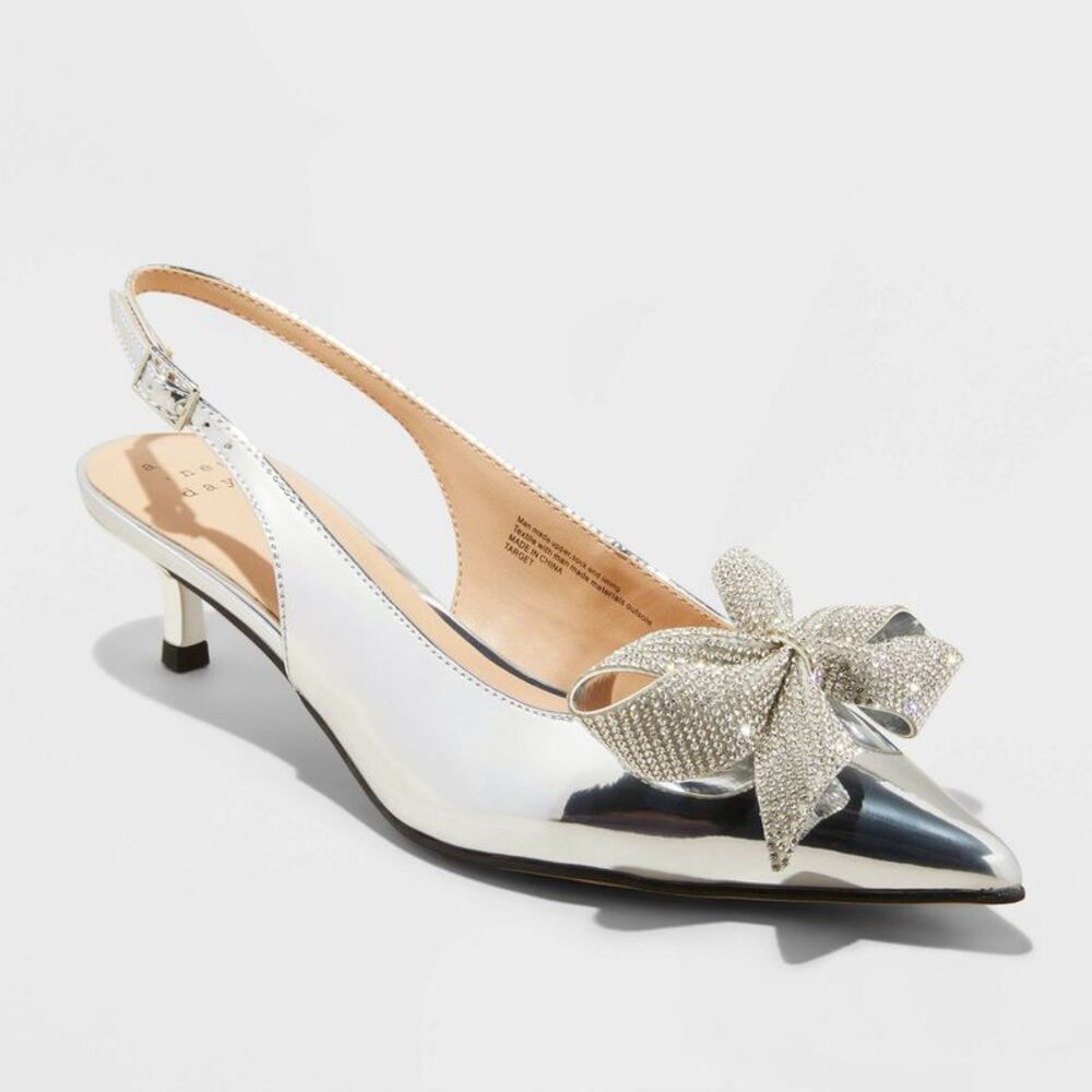 Women's Priscilla Rhinestone Bow Slingback Kitten Heels - A New Day Silver 11